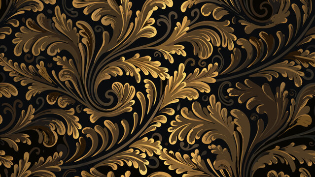 Ornate floral ornament featuring swirling leaves and tendrils a repeating vector pattern with a dark background acanthus arabesque botanical brocade curlicue