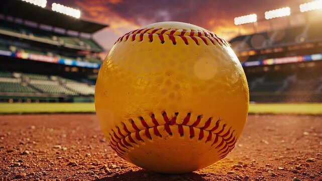 Close up of a yellow softball on the field during sunset at an empty stadium with bright lights