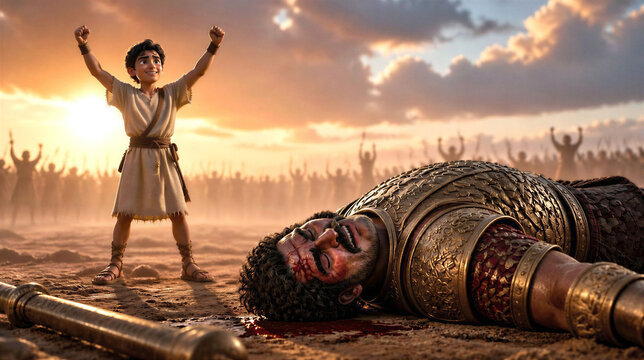 David defeated Goliath. Biblical scene religious theme concept. 3d cartoon illustration.