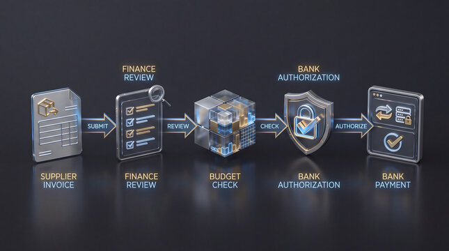 3d supplier finance workflow process with invoice review budget check bank authorization and payment