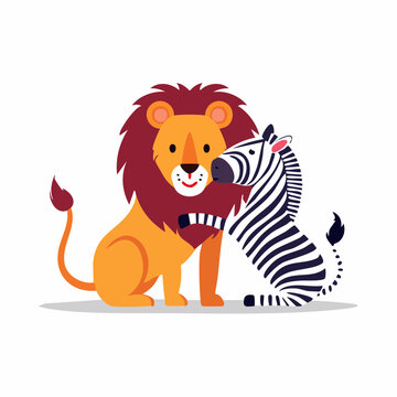 Cute cartoon lion and zebra friends