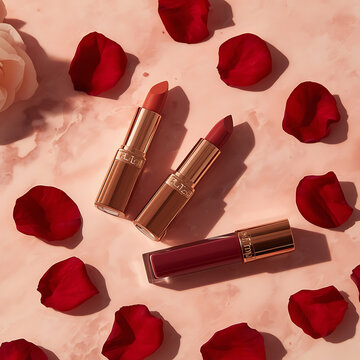 Elegant flat lay of three lipstick tubes in varying shades of rose, mauve, and berry arranged diagonally on a soft pink marble surface, scattered rose petals, overhead top-down shot, warm natural dayl