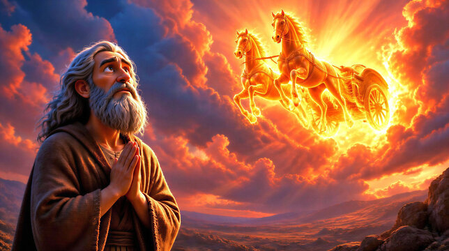 Prophet Elijah taken to heaven by a chariot of fire. He is known for defending the God of Israel against the worship of the false god Baal. Biblical scene concept. 3d cartoon illustration.
