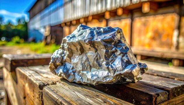 A large, unpolished chunk of raw zinc ore displaying its natural rough texture and metallic sheen resting on weathered wood