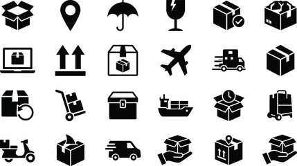 Fototapeta premium Logistics and shipping icon set featuring delivery trucks boxes cargo ships airplanes and packaging signs for e-commerce websites