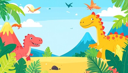 Fototapeta premium Colorful cartoon dinosaurs in prehistoric landscape.