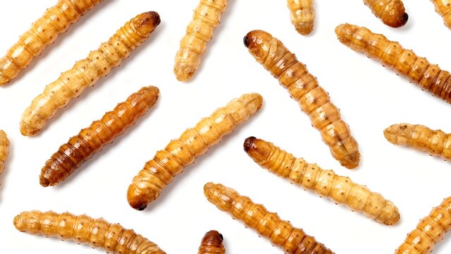 Top view of group of superworms or mealworms isolated on white background. Perfect for pet food concept.