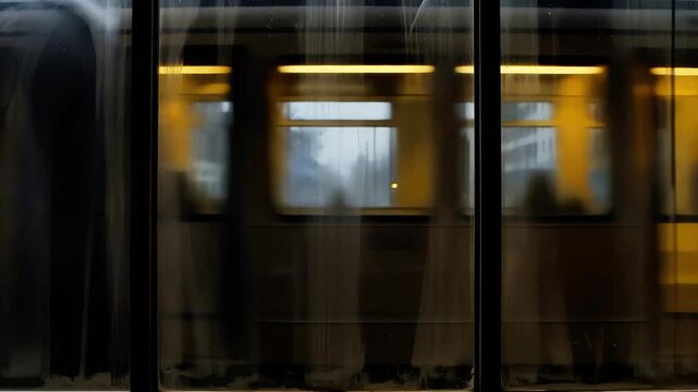 Fast public tram moving fast along city window glass, abstract blur of yellow train driving on street, dynamic passenger locomotive traveling through downtown area, rapid commute vehicles transit