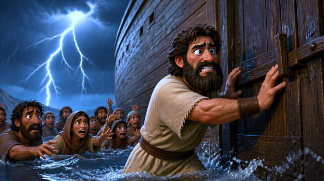 People mocked Noah while he built the ark, but when the rain began to fall and the floodwaters rose, they tried to find refuge at the ark, but it was too late. Bible scene. 3d cartoon illustration.