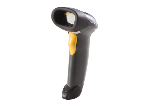 Black scanner with yellow trigger stands upright