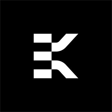 Futuristic block monogram merging an E grid with curved lines to reveal an integrated K letter.