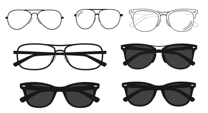 Set of different black and white glasses and sunglasses isolated on a clean white background