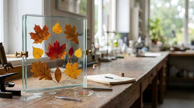 Pressed autumn leaves in glass frame on science laboratory desk for study