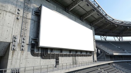 Fototapeta premium Blank giant display screen mounted on concrete wall in a modern, empty sports stadium, perfect for advertising, event announcements, or score updates