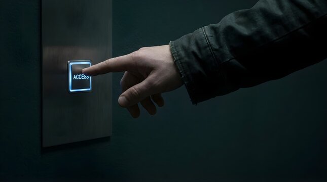 Finger touching glowing access button on modern stainless steel security panel in dark environment