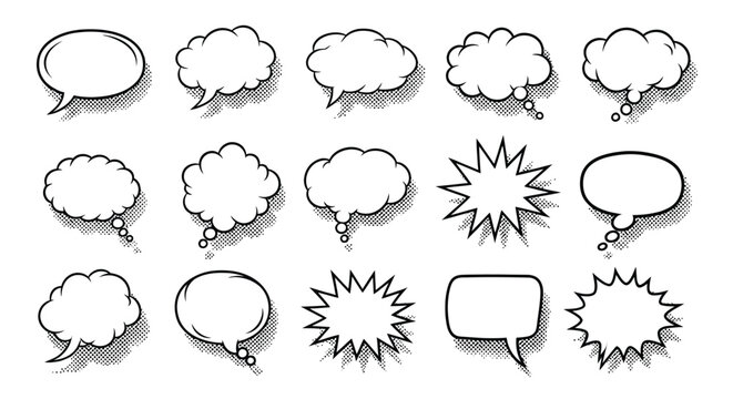 Set of diverse comic book speech bubbles with halftone patterns on a transparent background style