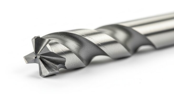 Close-up of a metal countersink drill bit with sharp cutting edges on a white background.