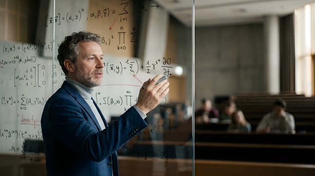 Professor writing complex mathematical formulas on a glass board in a lecture hall