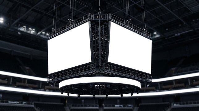Blank multi-panel digital display screen suspended high above an empty, modern sports arena, awaiting live content and event information