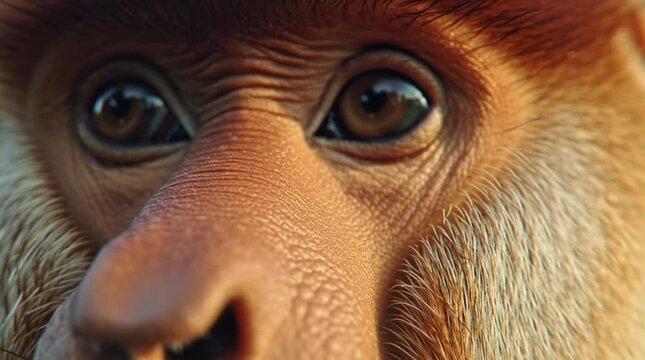 Close Up Proboscis Monkey Face Portrait in Tropical Rainforest 4K