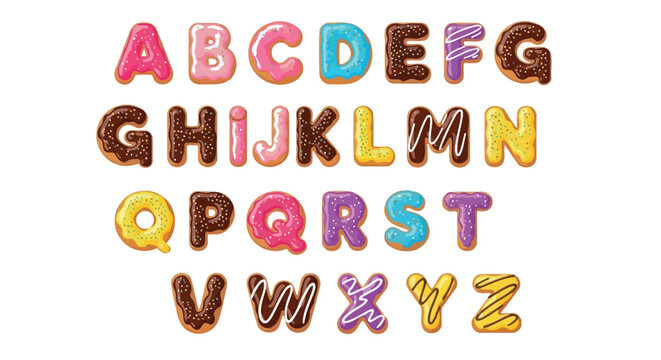 Delicious alphabet letters shaped like glazed donuts with colorful sprinkles and sweet icing on top