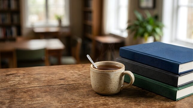 Steaming cup of tea and a stack of books on a wooden table in a library