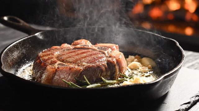 Sizzling thick steak cooking in cast iron skillet with garlic and rosemary