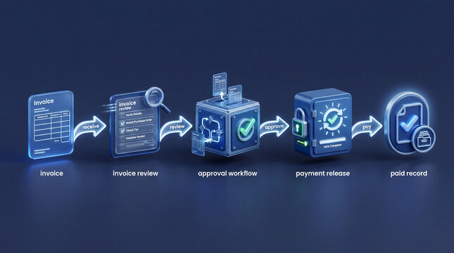 Finance workflow infographic showing invoice to payment process with 3d blue icons