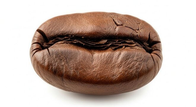 Close-up macro shot of a single roasted coffee bean on a white background.