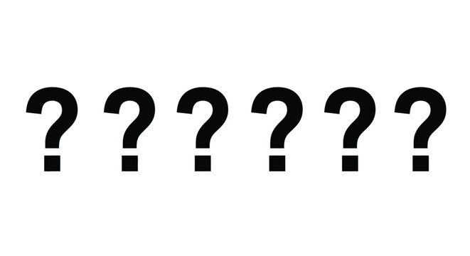 Six bold black question marks arranged in a horizontal row on a clean white background