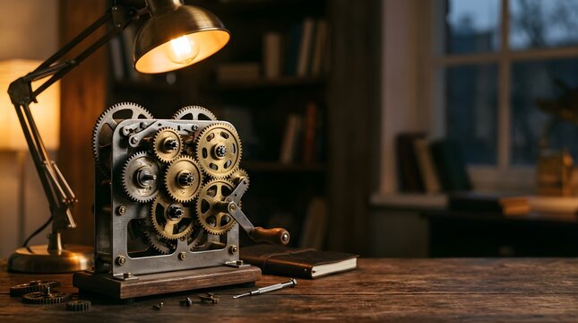 Vintage mechanical gear model on wooden desk for engineering education