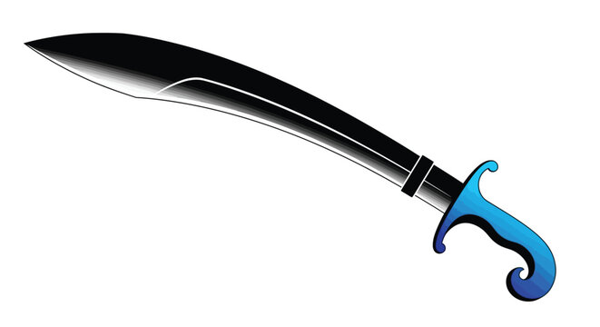Sharp curved scimitar blade featuring a vibrant blue handle in a clean minimalist digital illustration style
