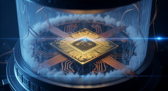 Close-up of an advanced AI semiconductor microchip wafer on an electronic motherboard under sub-zero cooling smoke, representing quantum computing processing hardware.