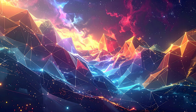 Abstract mountain landscape with glowing wireframe grid and colorful nebula clouds in the sky, digital art