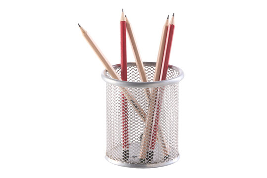 Metal mesh pencil holder holds colorful pencils