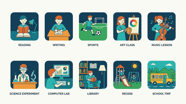 A comprehensive flat design icon set illustrating diverse school activities, from reading to science experiments and recess. This vector collection is ideal for representing a full school experience.
