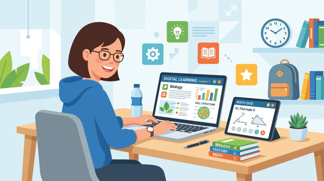 A cheerful flat design illustration of a happy high school student actively engaged in digital learning with a laptop and tablet. 