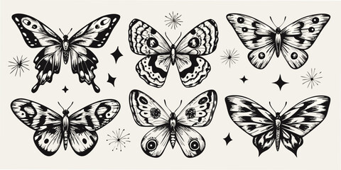 Black and white butterfly illustrations with decorative starbursts and diamonds © Huraya