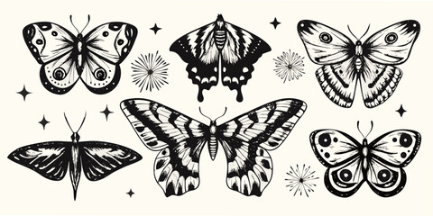Black And White Butterfly Illustrations With Floral Elements Vector Artwork © Huraya