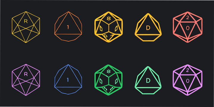 Polyhedral dice collection colorful vector illustration on dark background