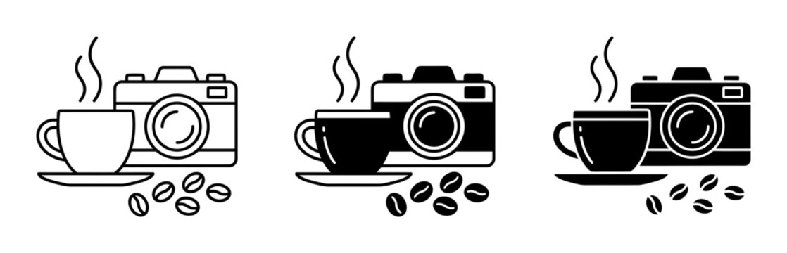 3 Camera coffee cup silhouette icons, solid black style, photography food set