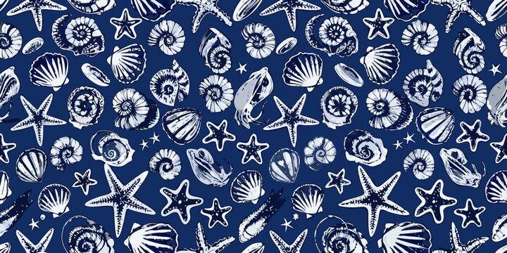 Nautical shell pattern with starfish and spiral shells blue and white