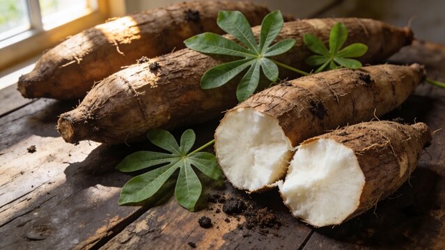 Fresh Harvested Cassava Roots with Green Leaves on Rustic Wooden Table in Sunlight