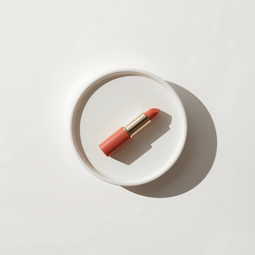 Minimalist flat lay of a single coral lipstick tube lying on its side on a smooth white ceramic surface, hard directional shadow from side lighting, clean negative space composition, Scandinavian beau
