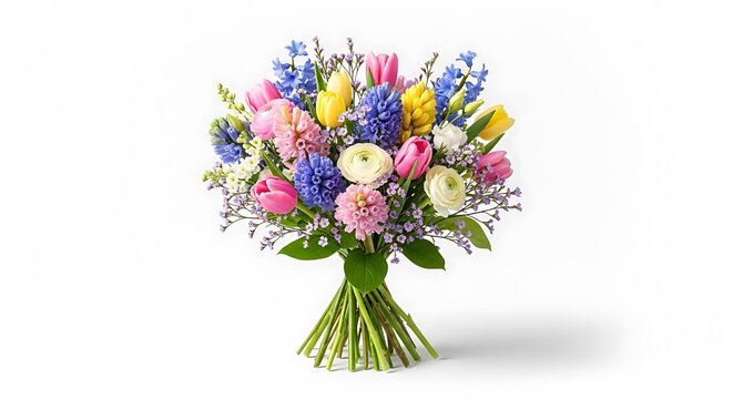 Vibrant bouquet with pink tulips, yellow daffodils, and blue/purple blooms