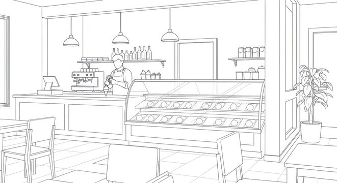 Minimalist bakery interior with display case and seating area