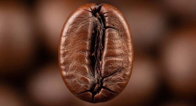 Close-up macro shot of a single roasted coffee bean with a blurred background of many beans.