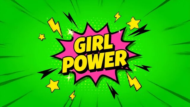 Girl Power comic speech bubble on a vibrant green background with stars, celebrating female empowerment and strength.