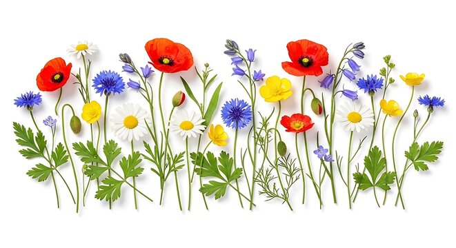 Red poppies bloom among white daisies and blue cornflowers