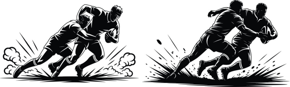 Rugby players silhouette illustrations engaging in competitive tackling and ball possession